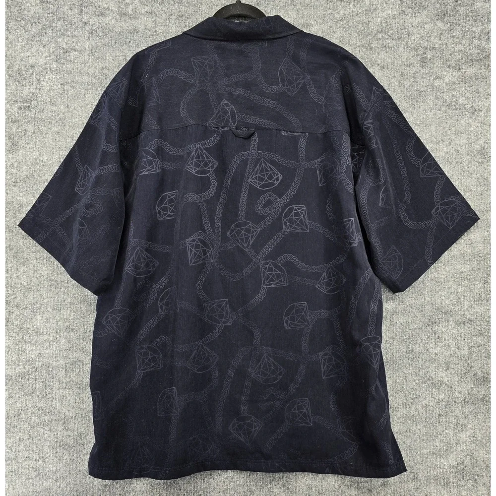 God Body Black Label Button Up Shirt Mens 2XL Navy Diamond Chain Print Short Slv